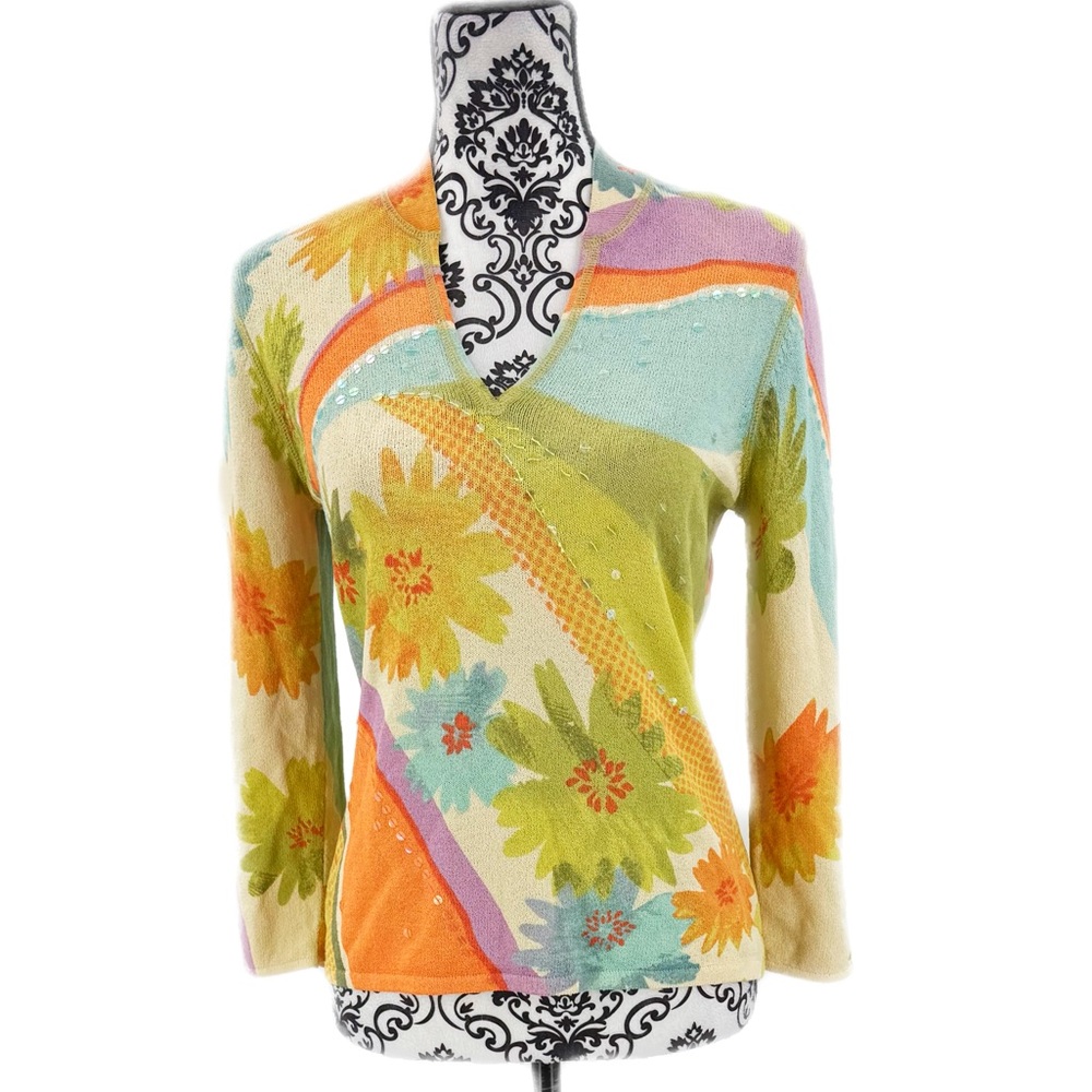 Sigrid Olsen Floral Multi-Color V-Neck Sweater